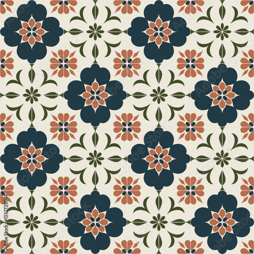 Bold Blue and Beige Floral Tile Seamless Pattern with a Traditional Look