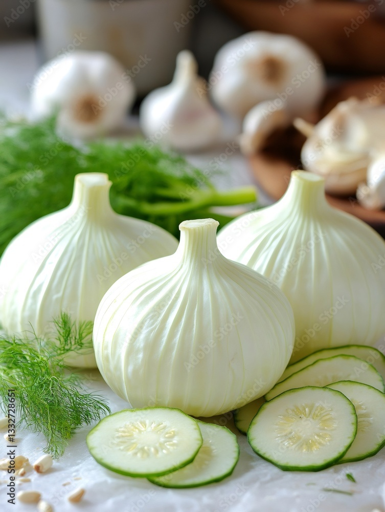 Obraz premium Fresh baby fennel bulbs with sliced cucumber and dill on kitchen counter