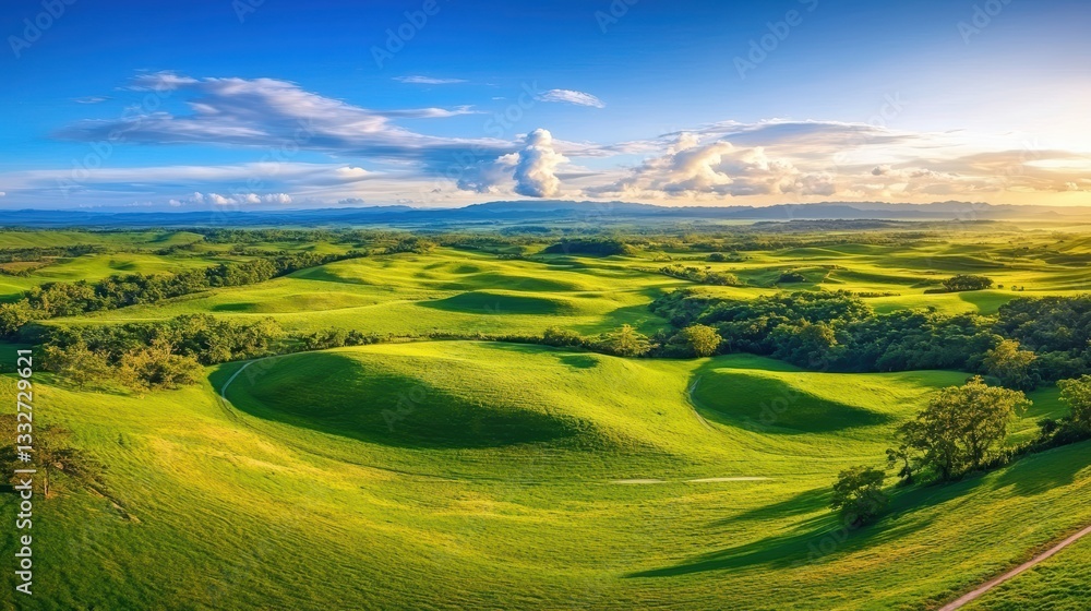 Obraz premium Lush Green Rolling Hills Under Bright Blue Sky at Sunset