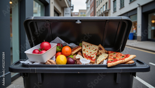 Garbage bin filled with discarded food including pizza and fruit, highlighting food waste issue on Stop Food Waste Day