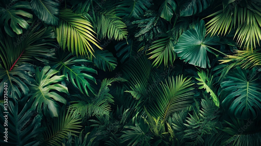 Dense arrangement of lush tropical foliage in various shades of green Dense arrangement of lush tropical foliage in various shades of green