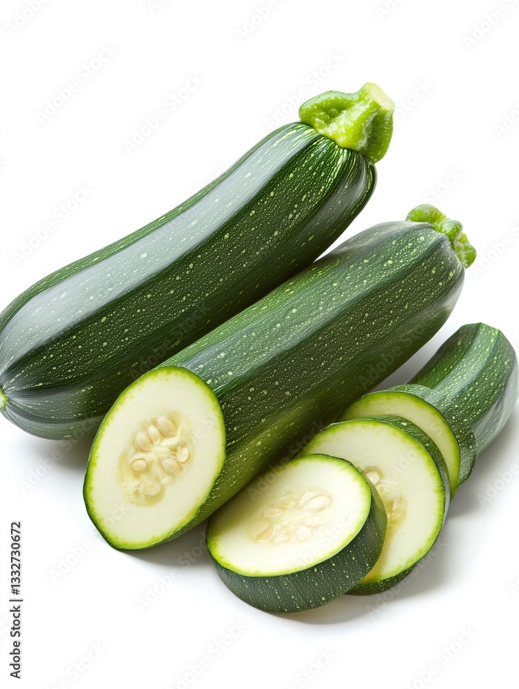 Fresh zucchini squash with slices isolated on white background Fresh zucchini squash with slices isolated on white background