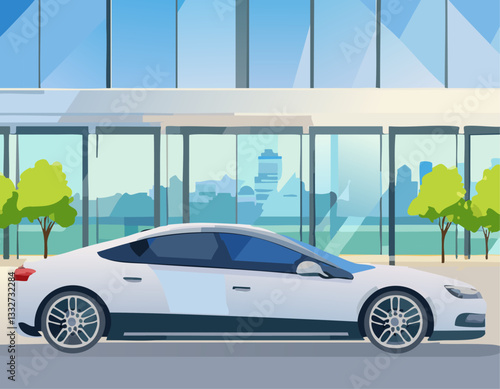 A white automobile is currently parked inside a showroom that features numerous windows