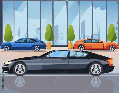 A sleek black car is parked conveniently in front of a large window that offers a nice view