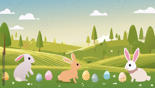 A pixel art illustration of three adorable rabbits with colorful Easter eggs in a vibrant field