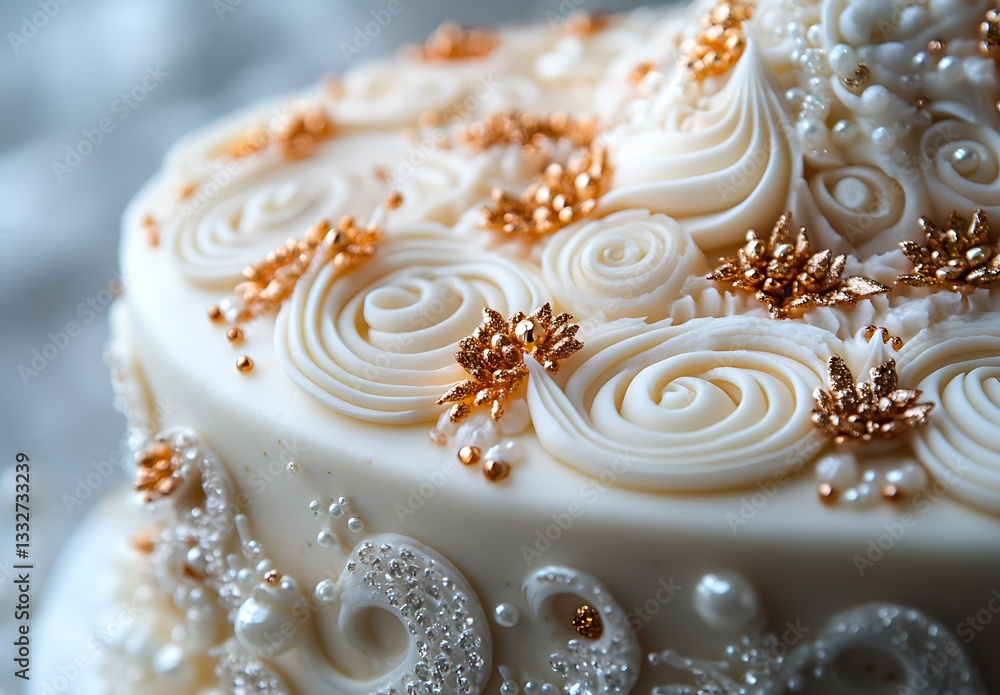 An elegantly decorated white cake adorned with rose-shaped icing and golden accents, glimmering with pearls and intricate details. An elegantly decorated white cake adorned with rose-shaped icing and golden accents, glimmering with pearls and intricate details.