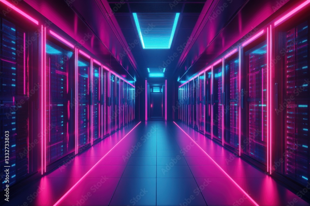 Fototapeta premium The interior of a large modern server room in a futuristic neon light. Cloud data storage or data center