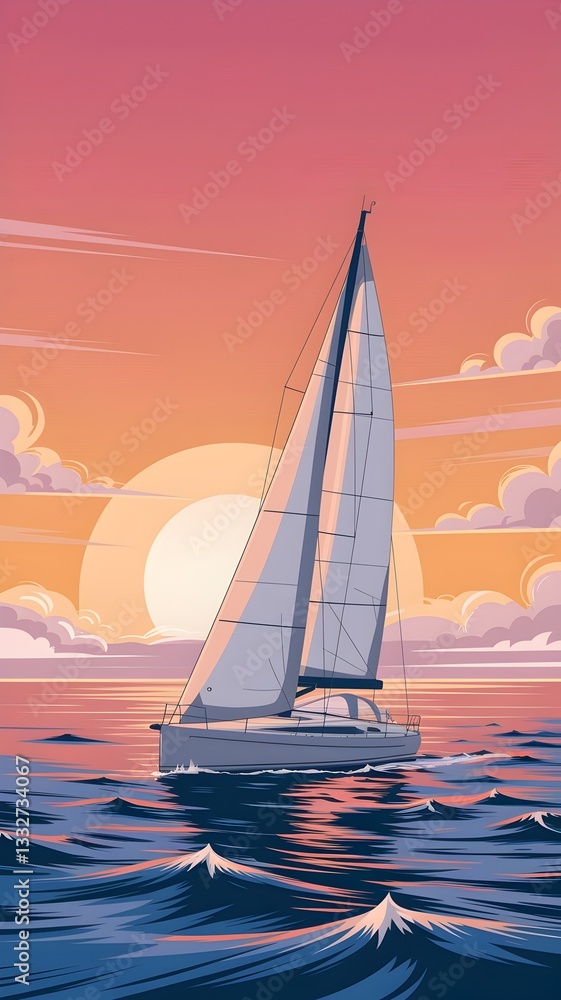Fototapeta premium Sailboat Gliding on the Ocean at Sunset with Vibrant Sky