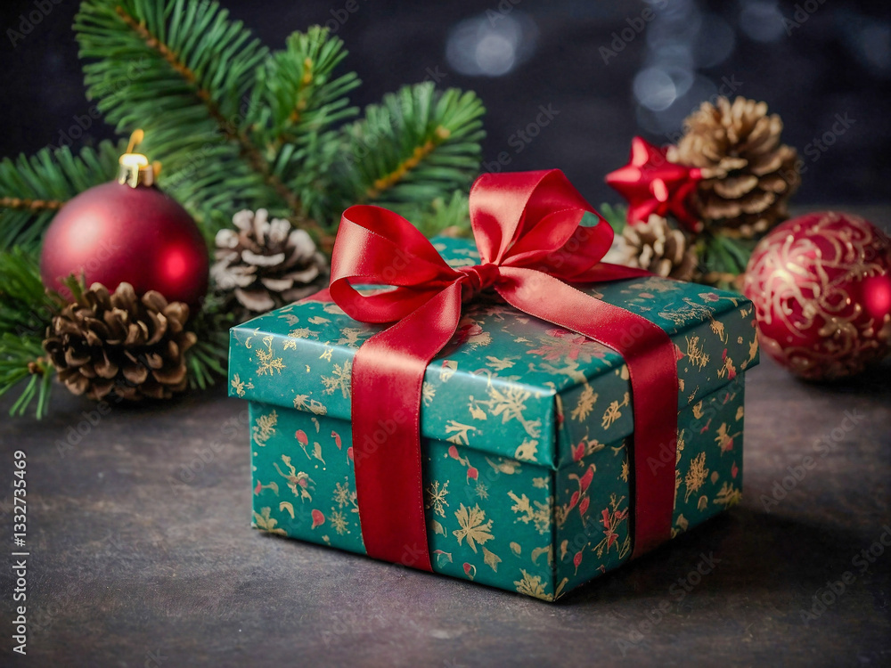 Fototapeta premium Christmas gift box with red ribbon and holiday decor.
