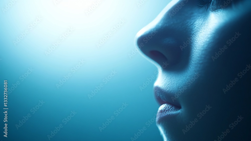 Close-up of a serene face, softly lit with blue tones, highlighting tranquility and introspection, perfect for wellness themes. Close-up of a serene face, softly lit with blue tones, highlighting tranquility and introspection, perfect for wellness themes.