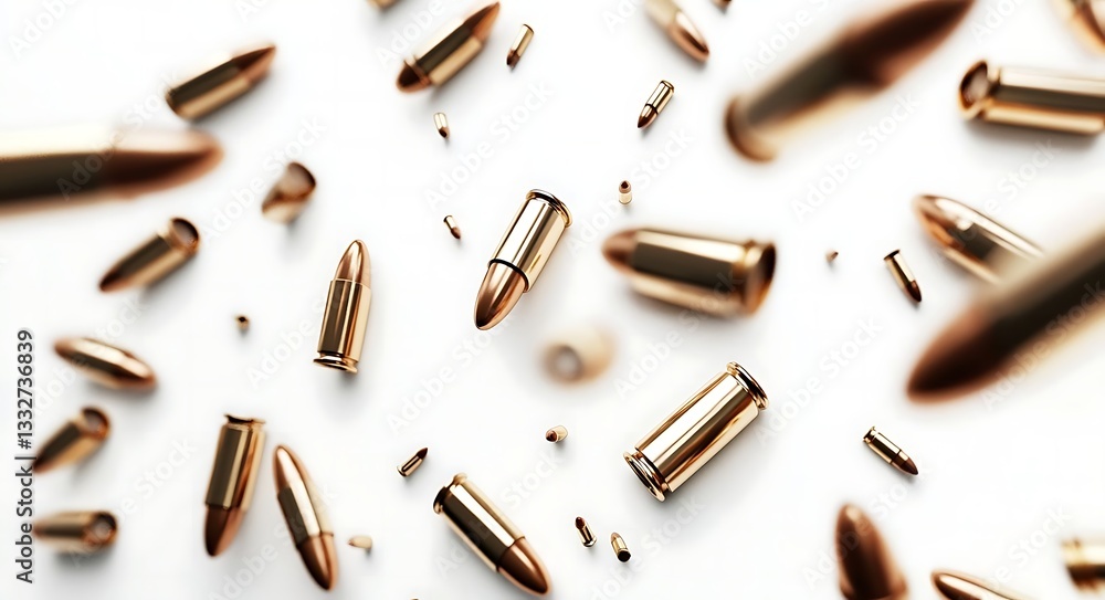 Photorealistic top view of bullets falling on a white background, showcasing dynamic motion and contrast between metallic surfaces and the clean backdrop. Photorealistic top view of bullets falling on a white background, showcasing dynamic motion and contrast between metallic surfaces and the clean backdrop.