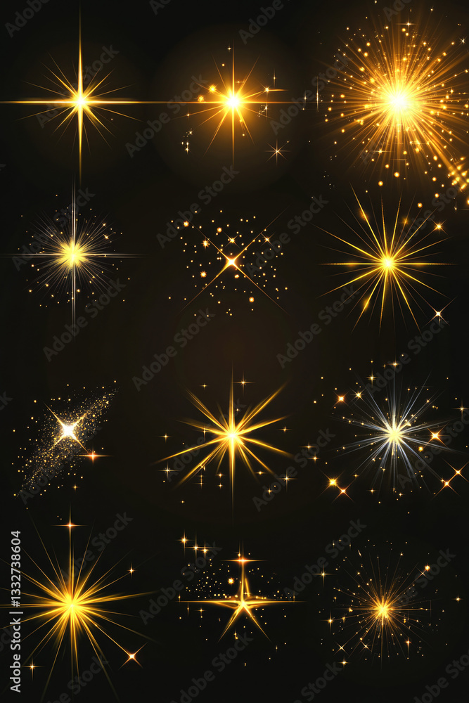 Fototapeta premium Glowing gold light bursts on black background