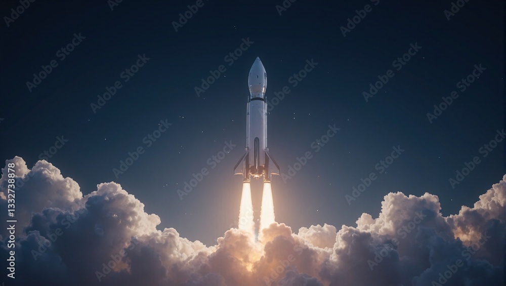 Naklejka premium Sleek metallic rocket launching into space symbolizing ambition and breakthroughs