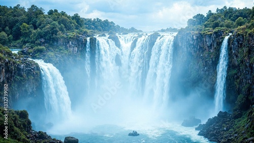Dynamic waterfall cascading into canyon exuding power and force