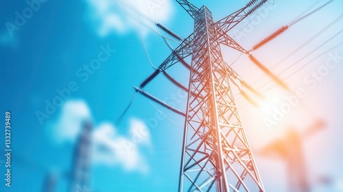 High voltage power line tower against blue sky with sunlight reflection