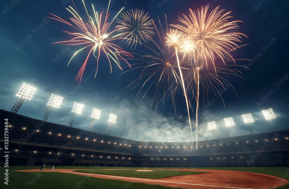 Spectacular Fireworks Display Above a Baseball Stadium During an Exciting Evening Game with Bright Lights and Enthusiastic Fans in Attendance