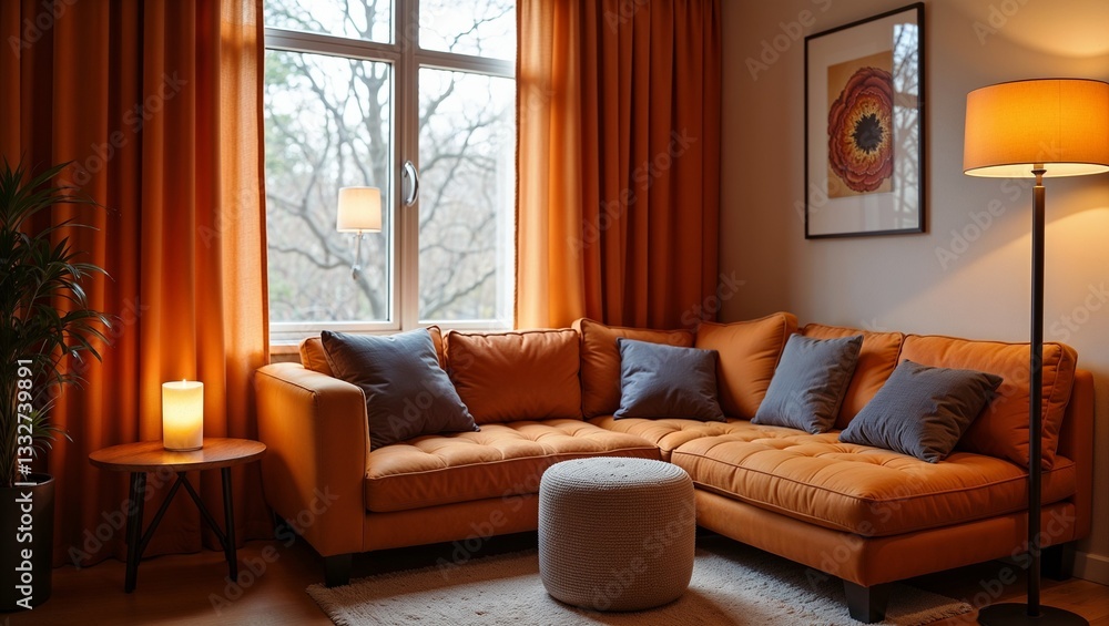 Fototapeta premium Elegant and Minimalist Living Room with Orange Accents