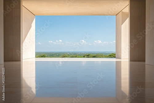 vast sunlit room with minimalist decor showcases sweeping panoramic window revealing expansive view of serene undisturbed