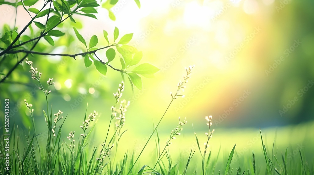 Serene Sunlit Landscape with Lush Green Leaves and Soft Grass Serene Sunlit Landscape with Lush Green Leaves and Soft Grass