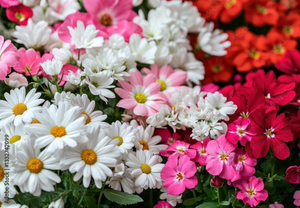 Vibrant Arrangement of Fresh Flowers Featuring Pink, White, and Red Blooms Against a Green Background for Nature and Floral Photography Projects Vibrant Arrangement of Fresh Flowers Featuring Pink, White, and Red Blooms Against a Green Background for Nature and Floral Photography Projects