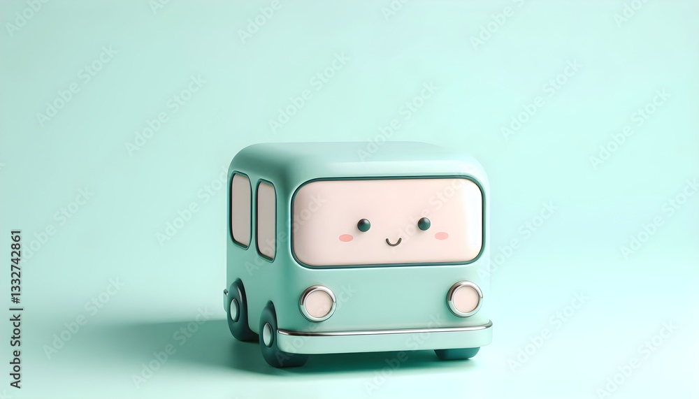 Fototapeta premium Simple 3D bus with soft pastel mint green background and glossy rounded frame in playful charming design