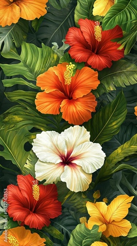 Wallpaper Mural Vibrant Tropical Hibiscus Flowers on Green Leaves Background Torontodigital.ca
