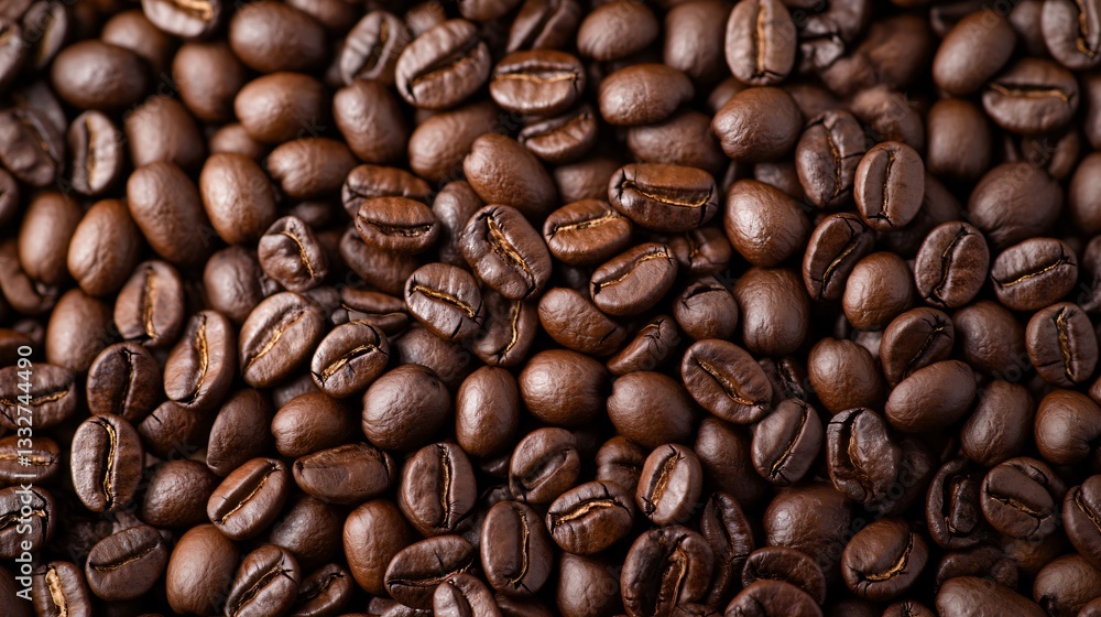 Fototapeta premium Roasted coffee beans, dark brown glossy texture, perfect for brewing, rich aroma, great for coffee enthusiasts.