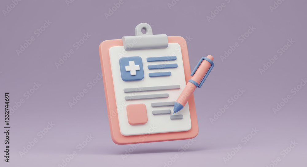 3D icon of a medical chart with a clipboard and a pen attached 3D icon of a medical chart with a clipboard and a pen attached