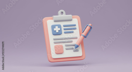 3D icon of a medical chart with a clipboard and a pen attached