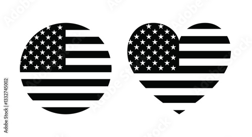 American Flag Heart and Circle Shapes Vector Set, US Flag Shapes, USA Flag Black and White Logos