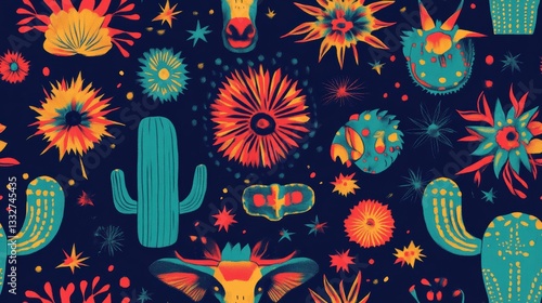 Vibrant Seamless Pattern Featuring Iconic Texas Elements with Cacti, Flowers, and Unique Visuals in High Fidelity for Creative Projects