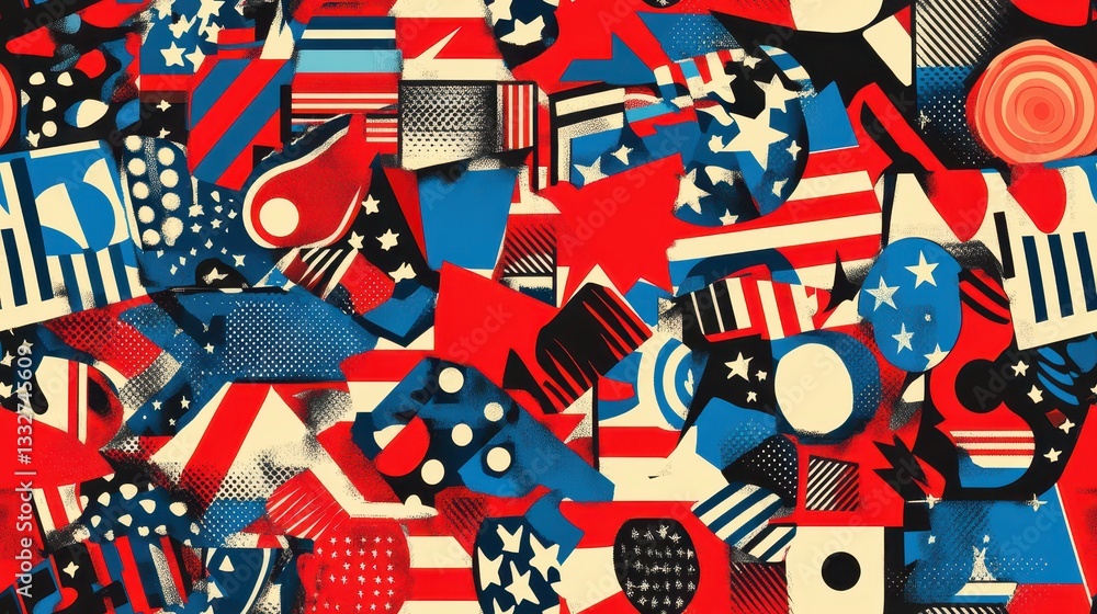 Fototapeta premium Bold and Seamless Pattern Featuring Iconic Elements of USA in Vibrant Red, Blue, and White, Perfect for Graphic Design and Creative Projects