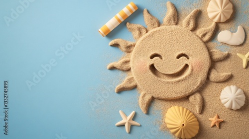 Cheerful sun design, playful smiley face with bright colors, creative children's art theme for summer fun activities.