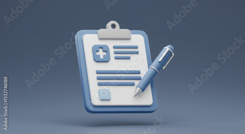 3D icon of a medical chart with a clipboard and a pen attached