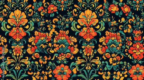 Vibrant Seamless Peranakan Tile Pattern Featuring Floral Designs and Bold Colors Perfect for Textiles and Home Decor
