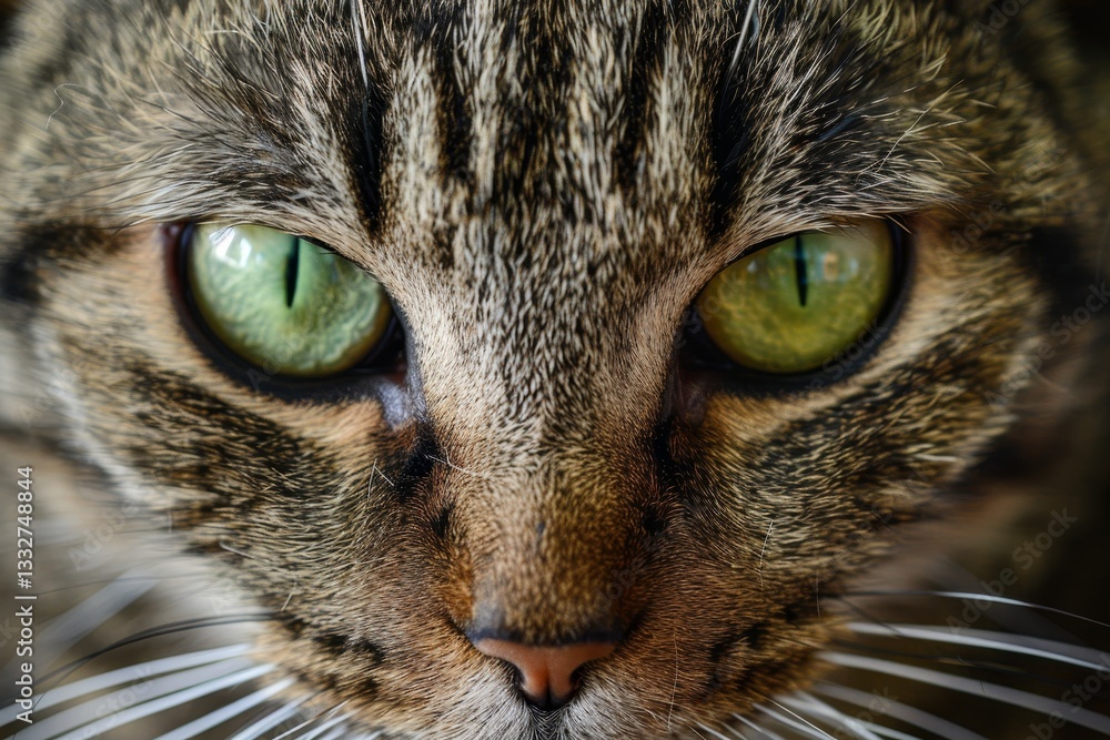 Intense Green Eyes of a Tabby Cat Close-up Portrait with Focus on Furry Face Detail. Intense Green Eyes of a Tabby Cat Close-up Portrait with Focus on Furry Face Detail.