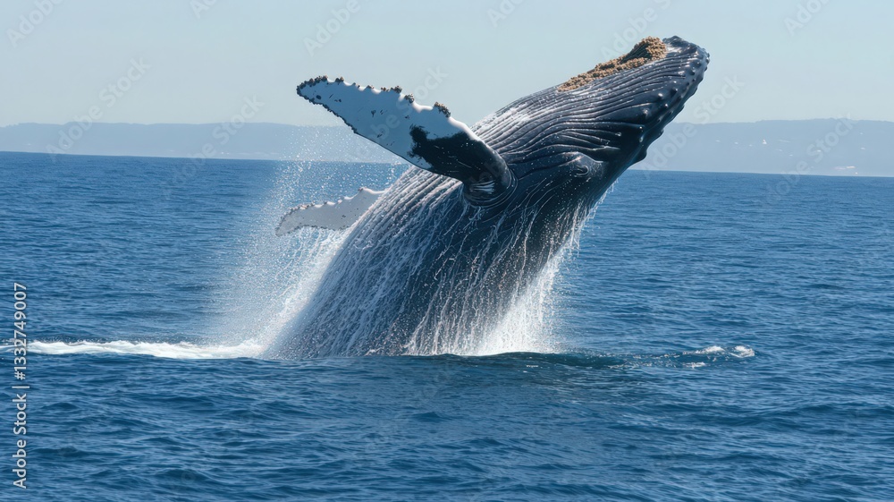 Fototapeta premium Humpback Whale Breaching in a Sunny Ocean