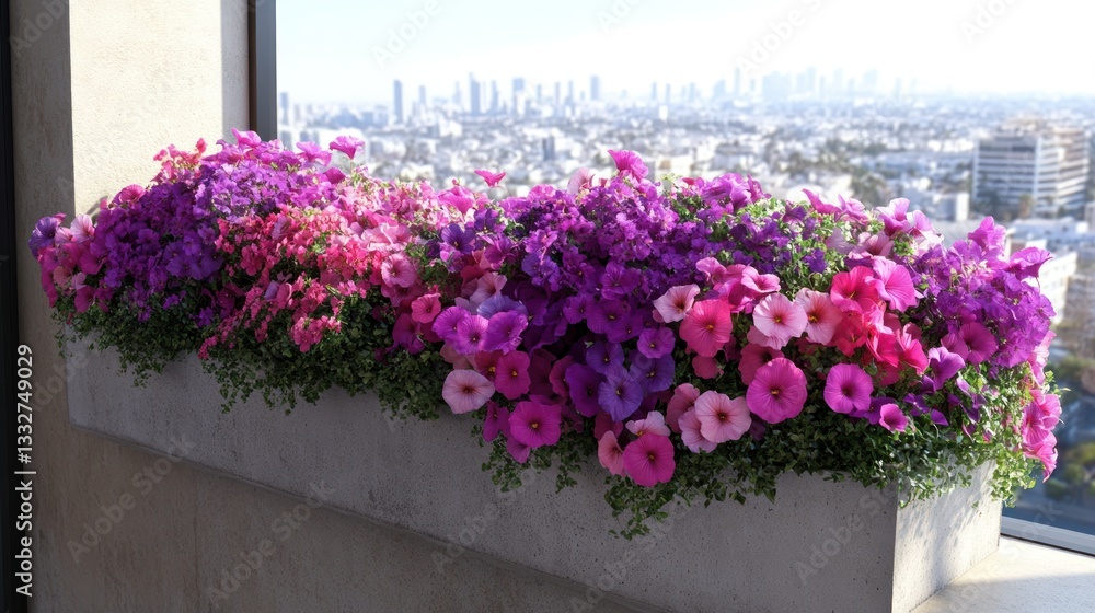 Fototapeta premium Vibrant flower planter box with city view
