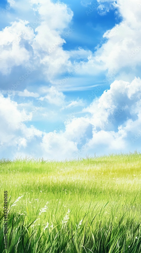 Serene Fields Under Blue Sky with Fluffy White Clouds Serene Fields Under Blue Sky with Fluffy White Clouds