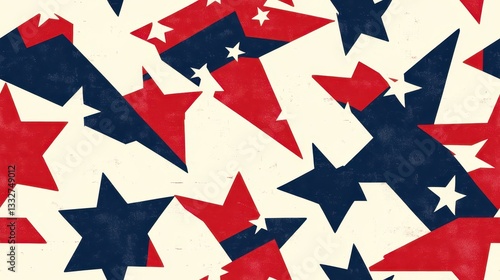 Seamless American Pattern with Repeating Motifs of Stars and Geometric Shapes in Red, Blue, and Cream Background for Fabric and Background Design