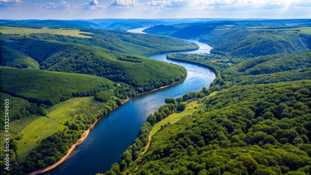 Fototapeta premium Aerial View of a Winding River Through a Valley - A breathtaking drone perspective of a winding river cutting through lush green valleys