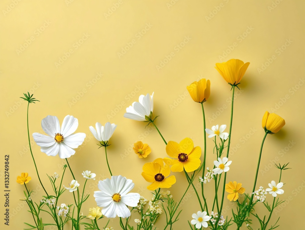 Fototapeta premium Bright Floral Arrangement of White and Yellow Flowers on Yellow Background