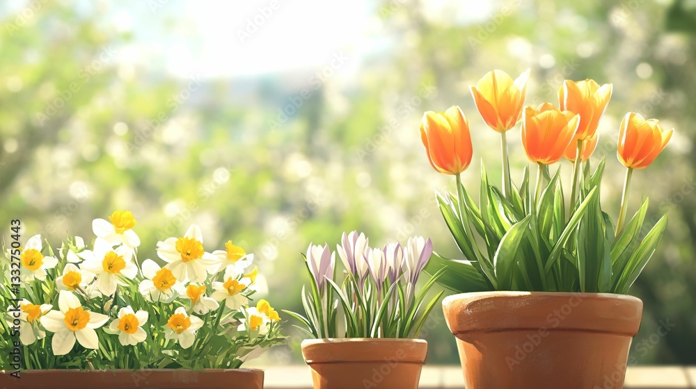 Bright Spring Flowers in Clay Pots on Sunny Background Bright Spring Flowers in Clay Pots on Sunny Background