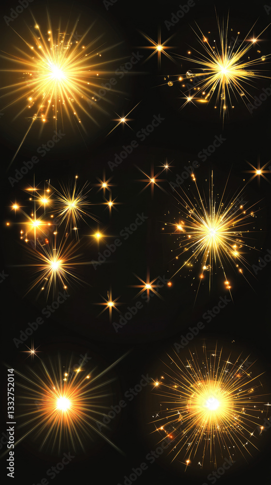 Naklejka premium Brilliant golden sparkling light bursts on black background