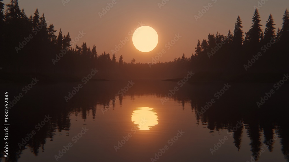 Tranquil sunset over a lake. Silhouettes of trees frame the golden orb Tranquil sunset over a lake. Silhouettes of trees frame the golden orb