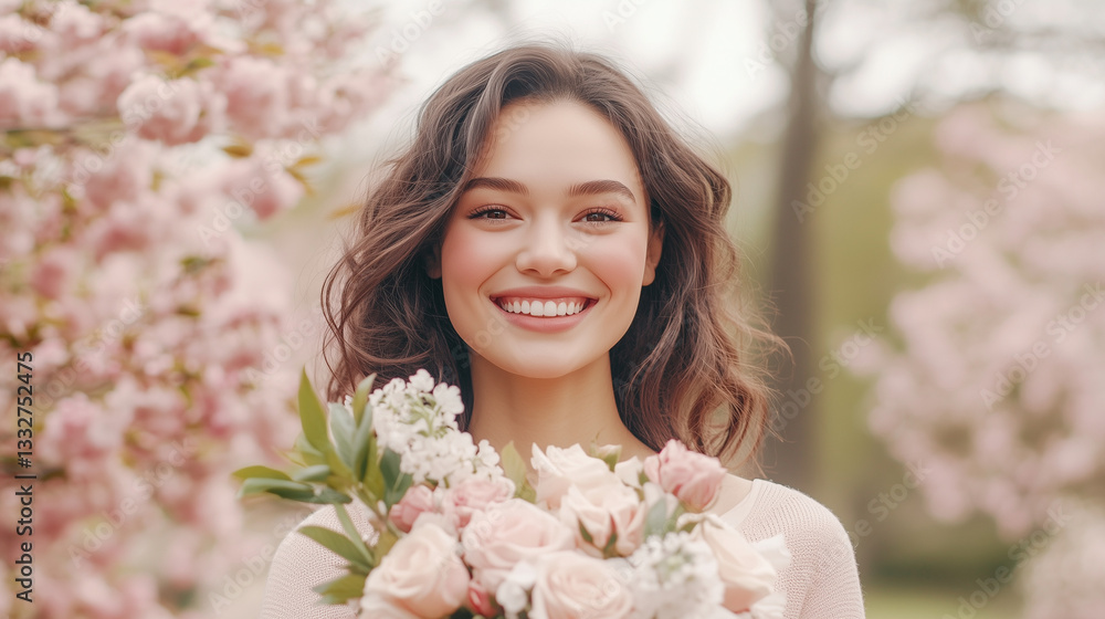 Smiling woman holds bouquet of flowers in spring garden surrounded by blooming trees Smiling woman holds bouquet of flowers in spring garden surrounded by blooming trees