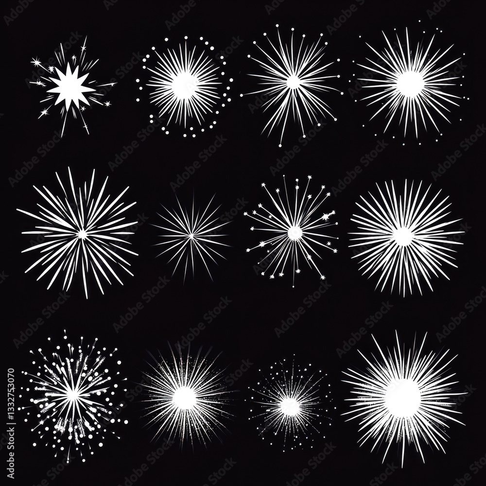 Naklejka premium Twelve unique starburst designs on black background in varying styles and patterns