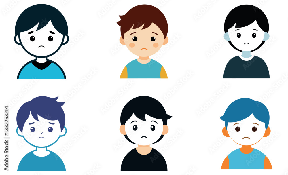 Sad Boy Child Icon Set, Emotional Expressions, Cartoon Illustration Sad Boy Child Icon Set, Emotional Expressions, Cartoon Illustration