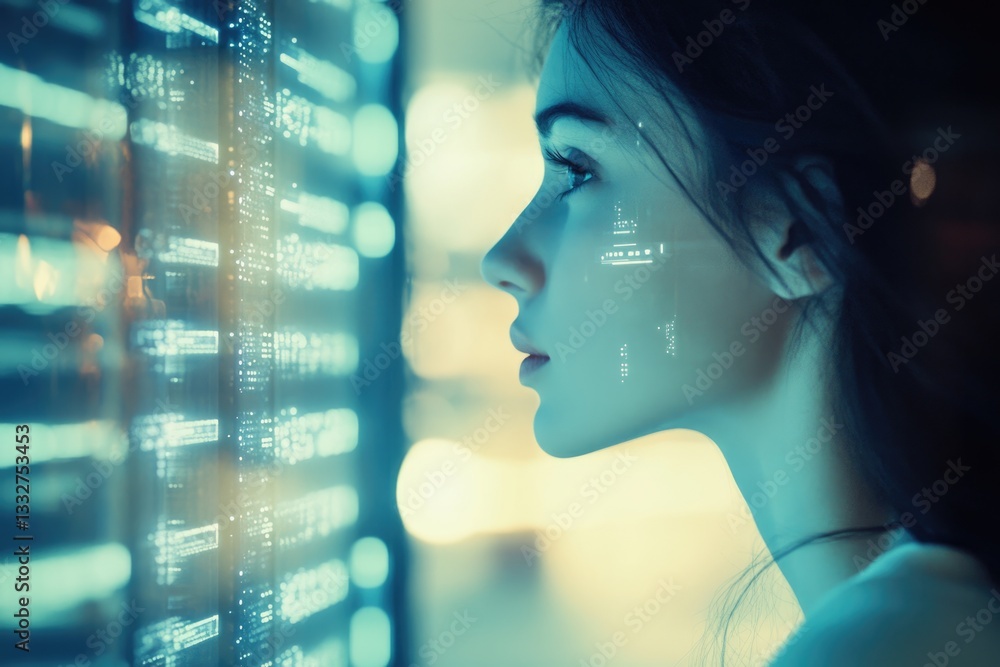 A woman gazes at a futuristic digital interface, data streams projected onto her face, showcasing technological integration. A woman gazes at a futuristic digital interface, data streams projected onto her face, showcasing technological integration.