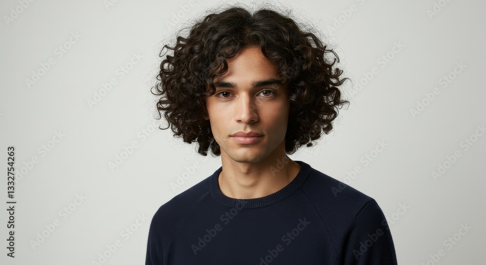 Obraz premium Young Man with Curly Hair Portrait - A young man with dark curly hair, wearing a navy blue crew neck sweater, looks directly at the camera against a light grey background
